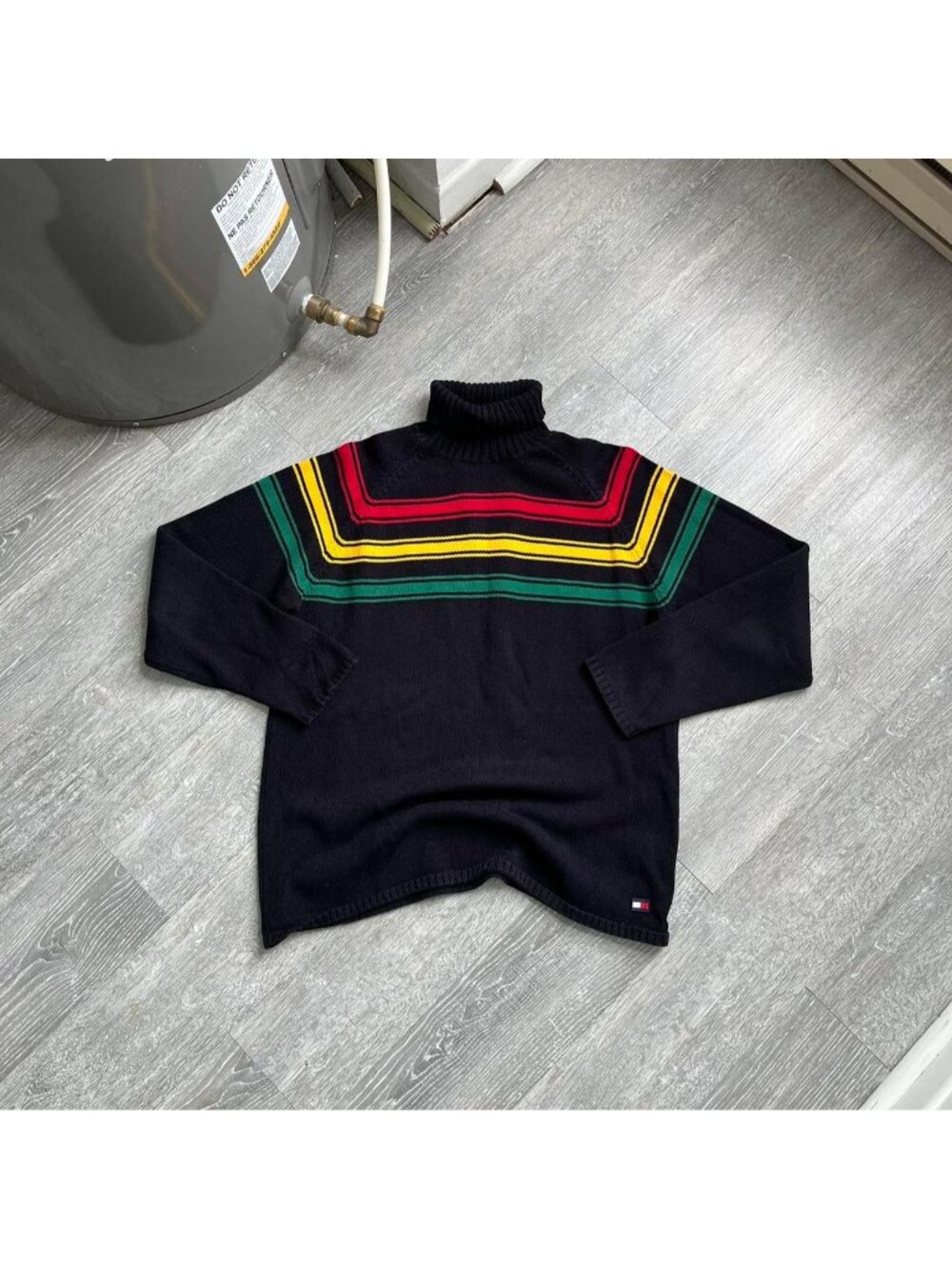 Black Vintage Tommy Hilfiger Striped Pullover Turtleneck Knit Sweater